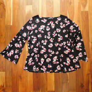 Ellen Tracy Black Floral Jersey Knit Top Long Flare Sleeve EUC womens 3X
